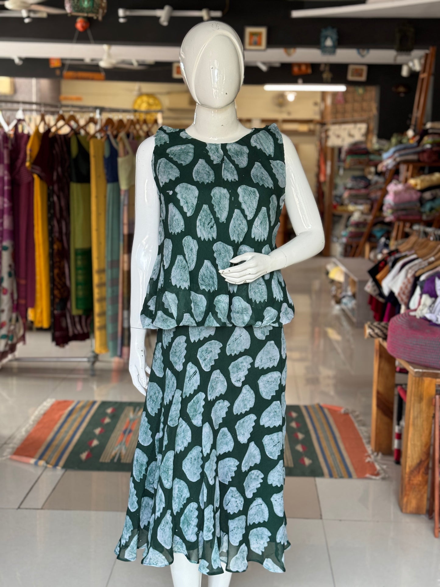 Green georgette hand batik ensemble - skirt n top separates
