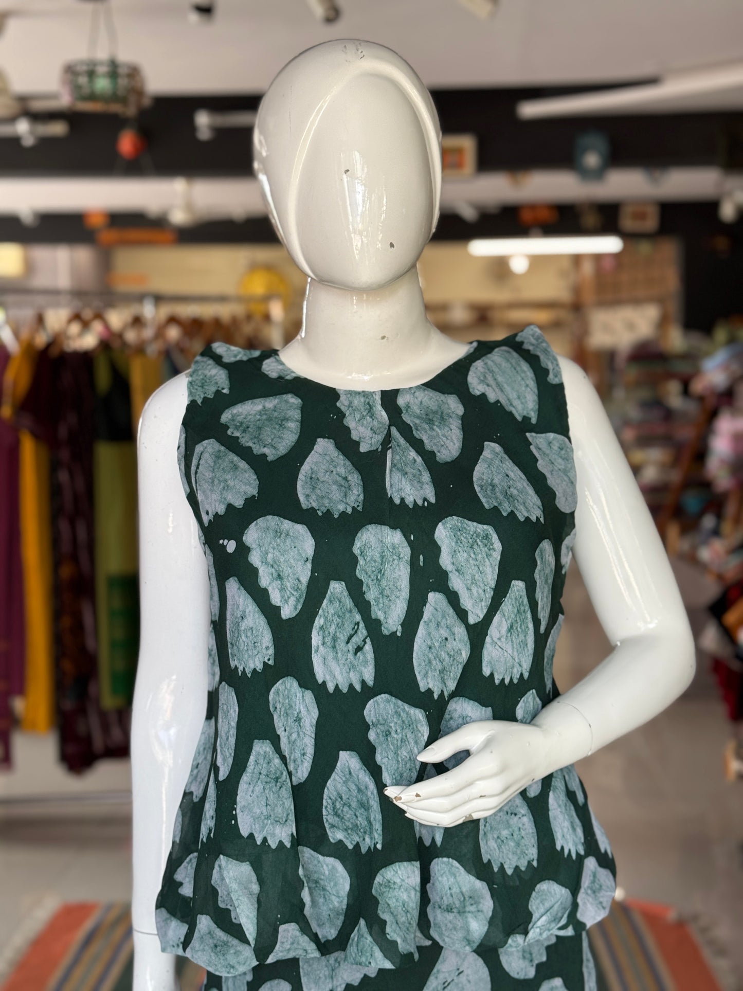 Green georgette hand batik ensemble - skirt n top separates