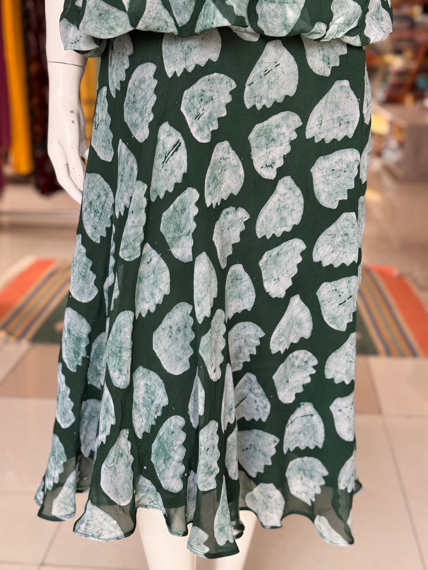 Green georgette hand batik ensemble - skirt n top separates