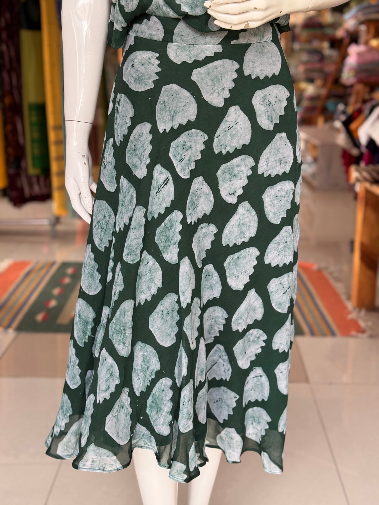 Green georgette hand batik ensemble - skirt n top separates