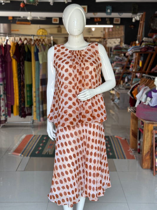 Rust brown georgette hand batik ensemble - skirt n top separates