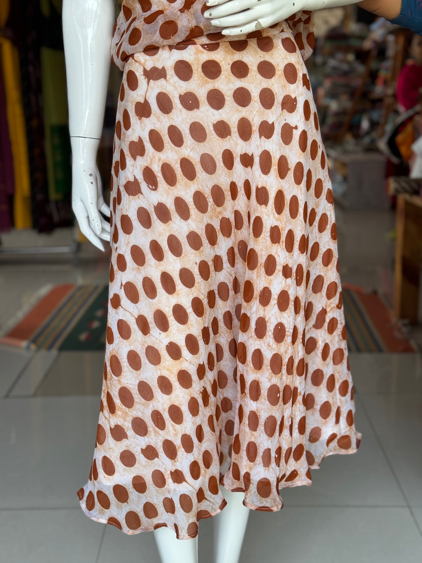 Rust brown georgette hand batik ensemble - skirt n top separates