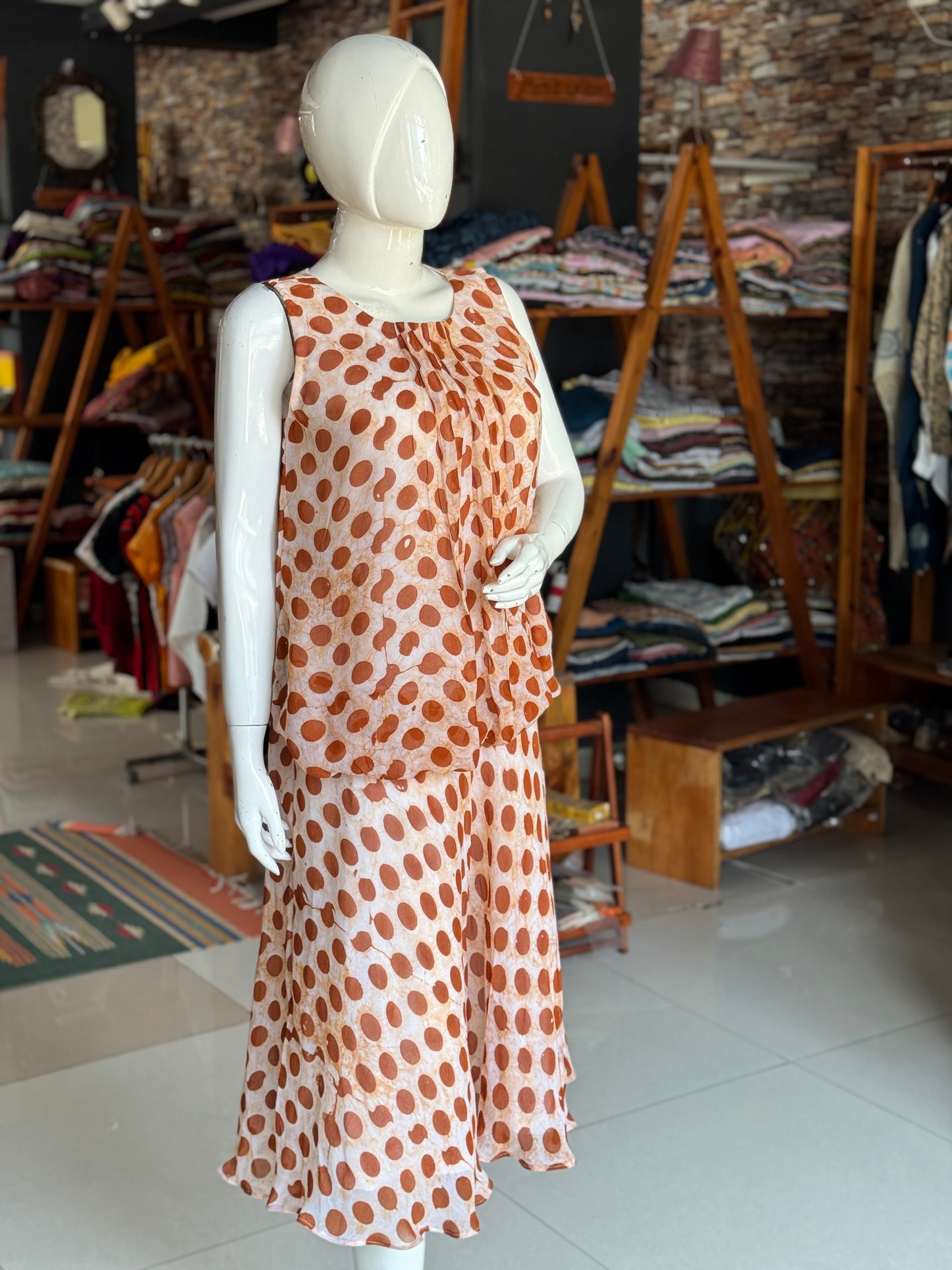 Rust brown georgette hand batik ensemble - skirt n top separates