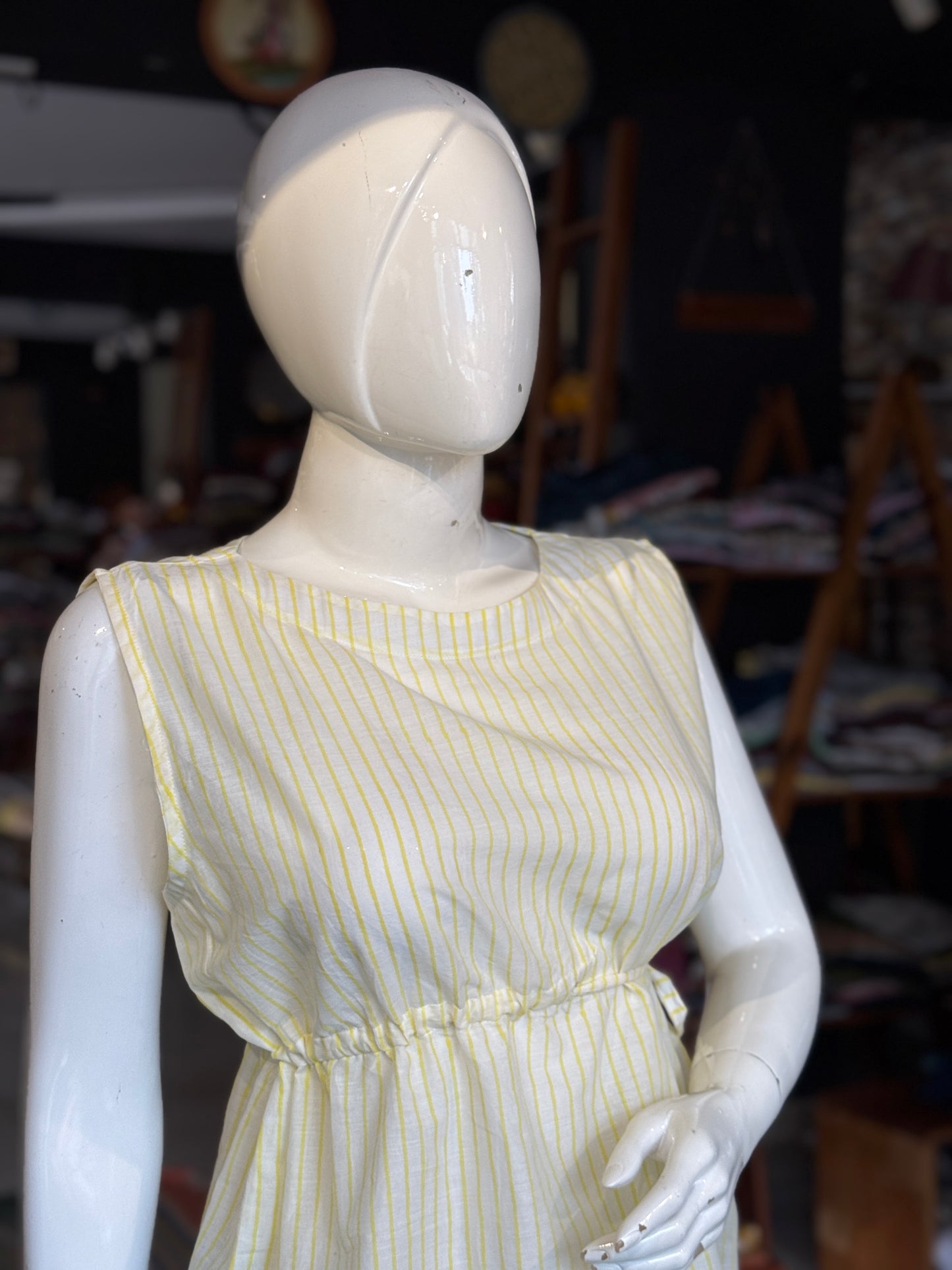 Cream and yellow stripes cotton top with waist elastic and ties