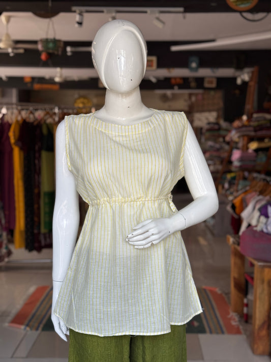 Cream and yellow stripes cotton top with waist elastic and ties