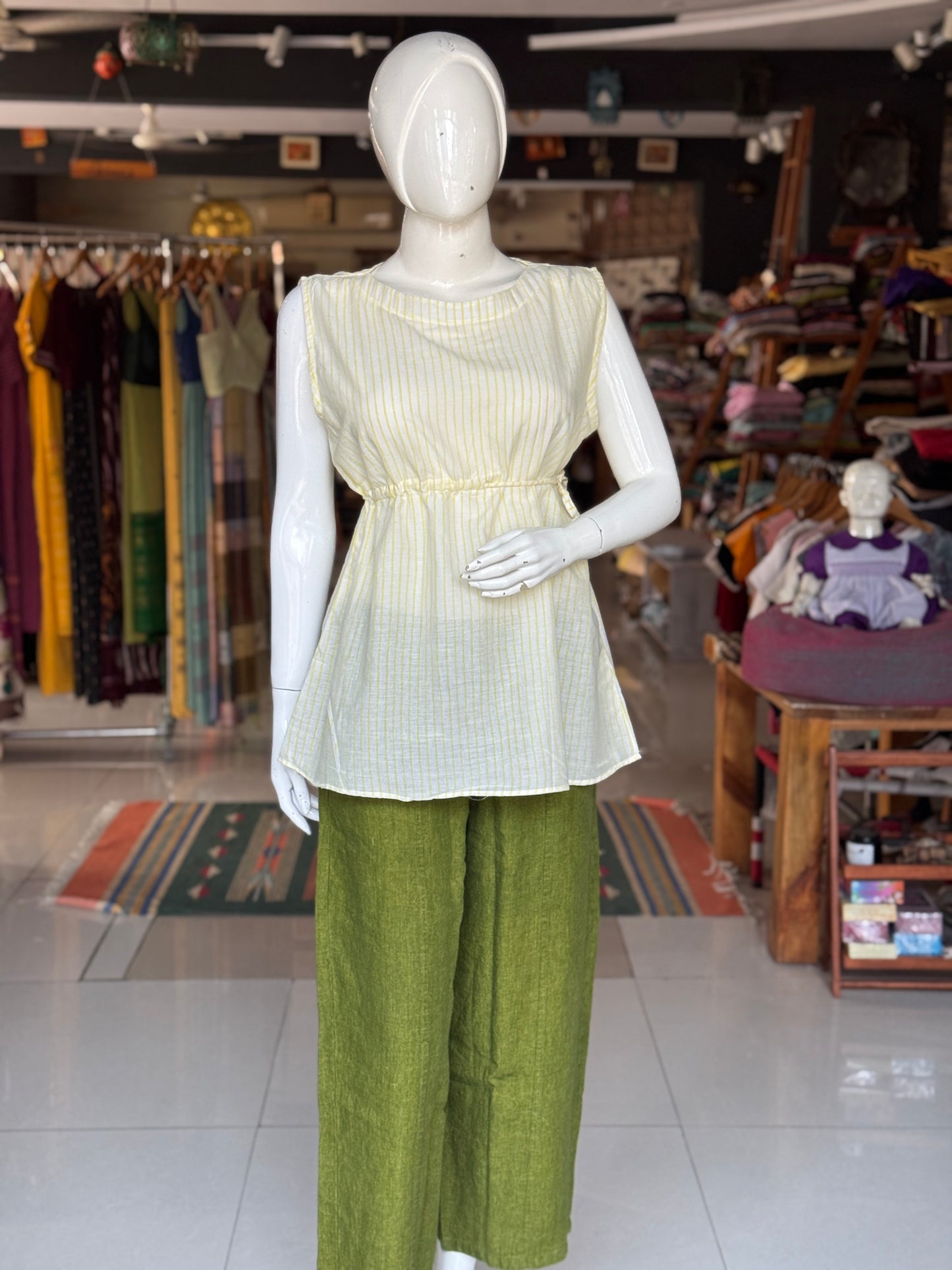 Cream and yellow stripes cotton top with waist elastic and ties