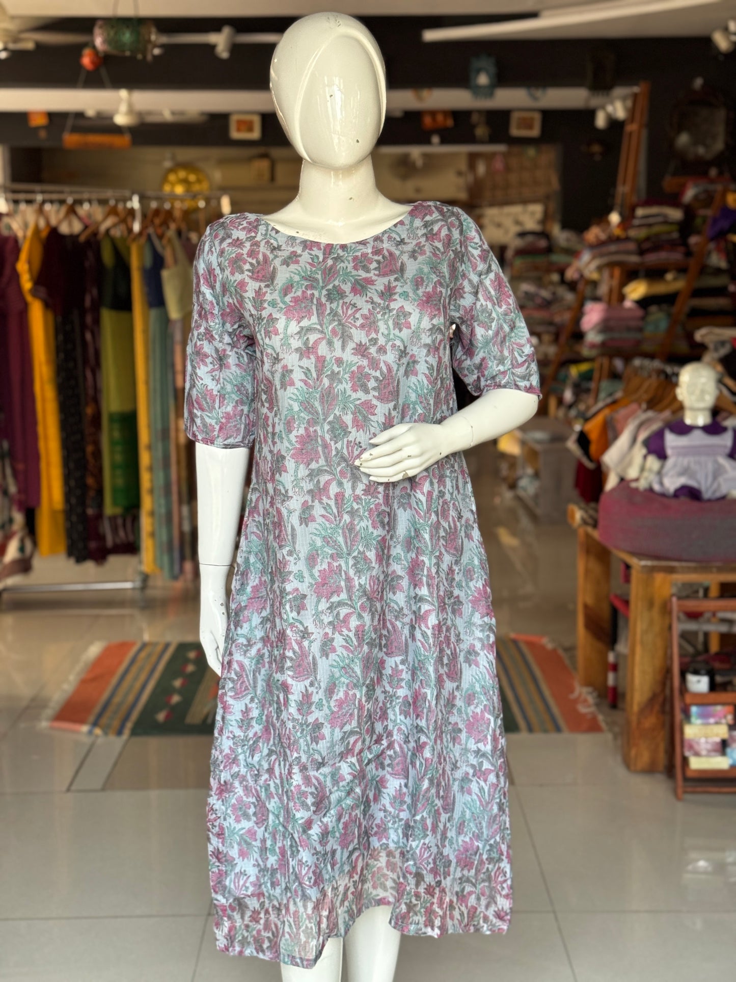 Pastel blue floral hand block printed easy breezy kota cotton dress