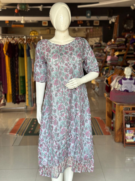 Pastel blue floral hand block printed easy breezy kota cotton dress