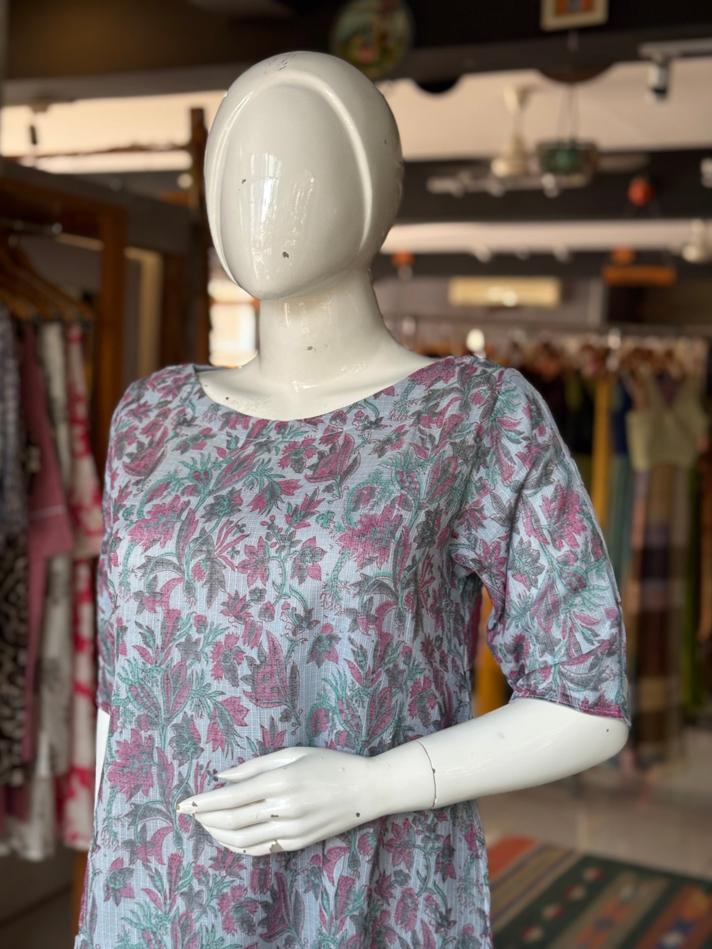 Pastel blue floral hand block printed easy breezy kota cotton dress