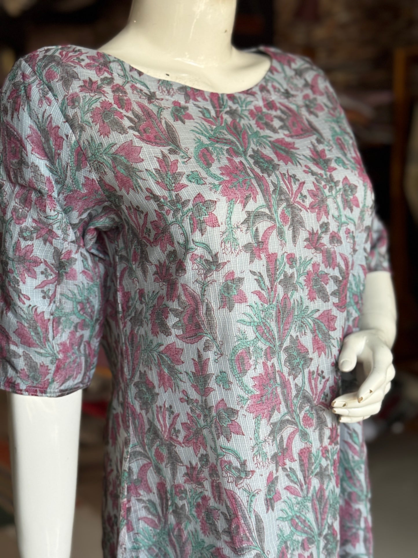 Pastel blue floral hand block printed easy breezy kota cotton dress