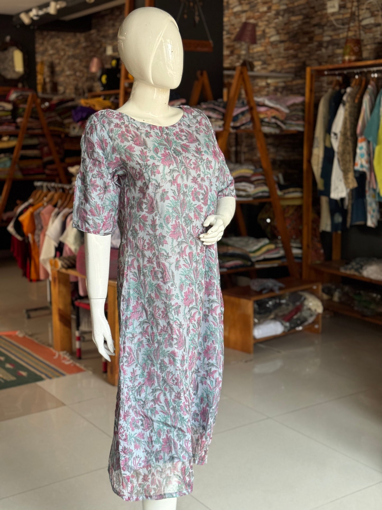 Pastel blue floral hand block printed easy breezy kota cotton dress