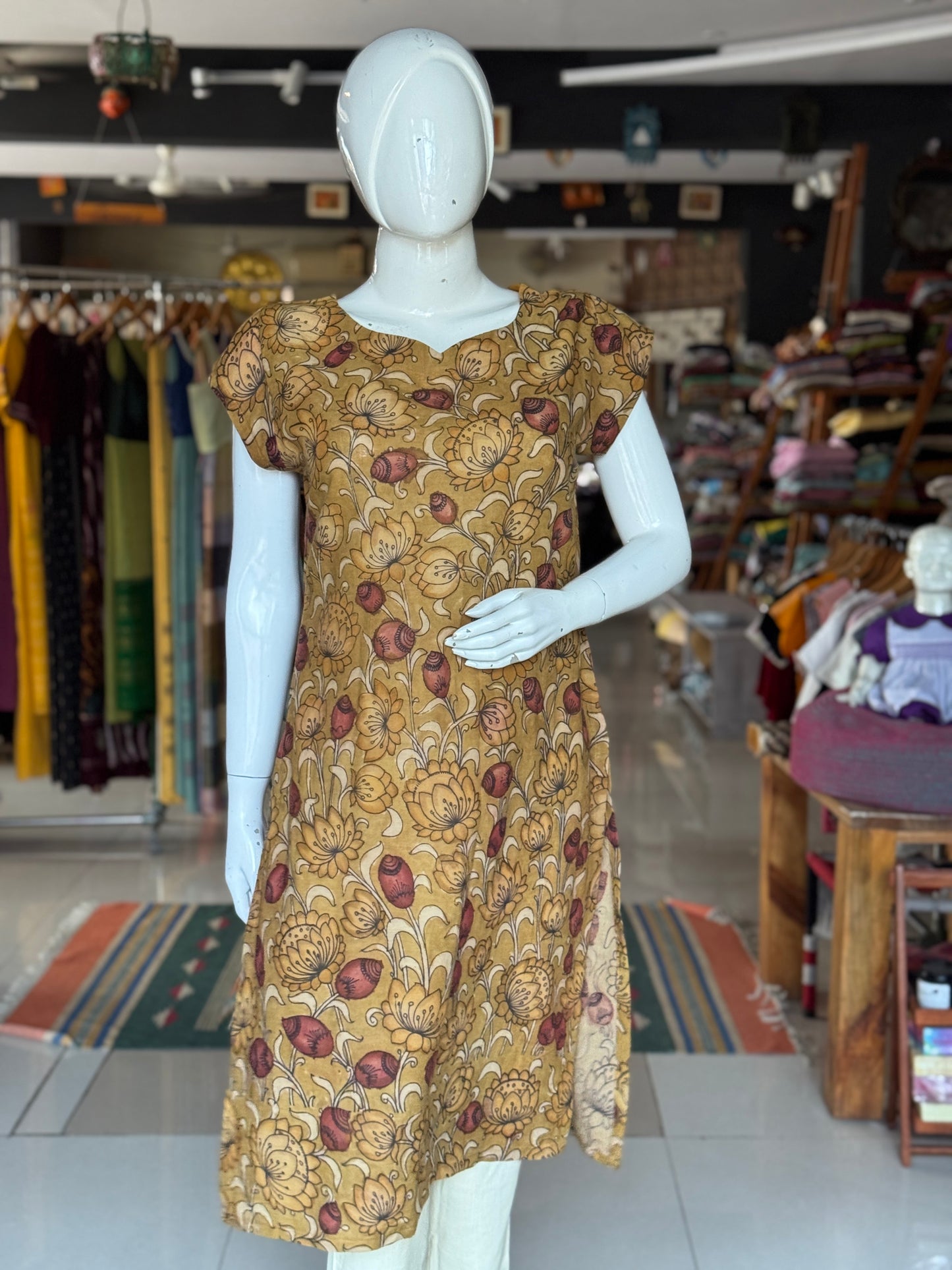 Green brown hand painted pen kalamkari floral design cotton kurti