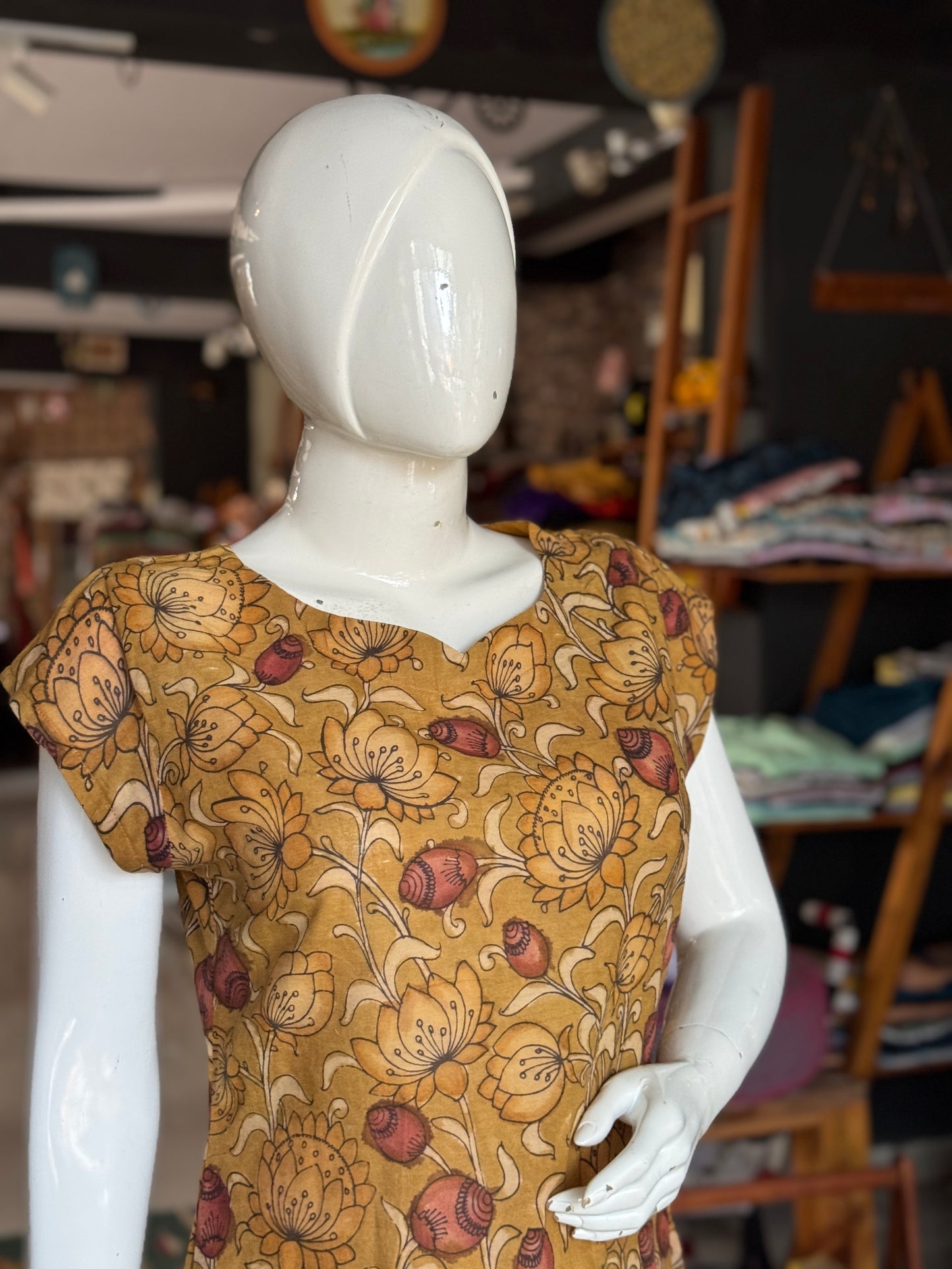Green brown hand painted pen kalamkari floral design cotton kurti