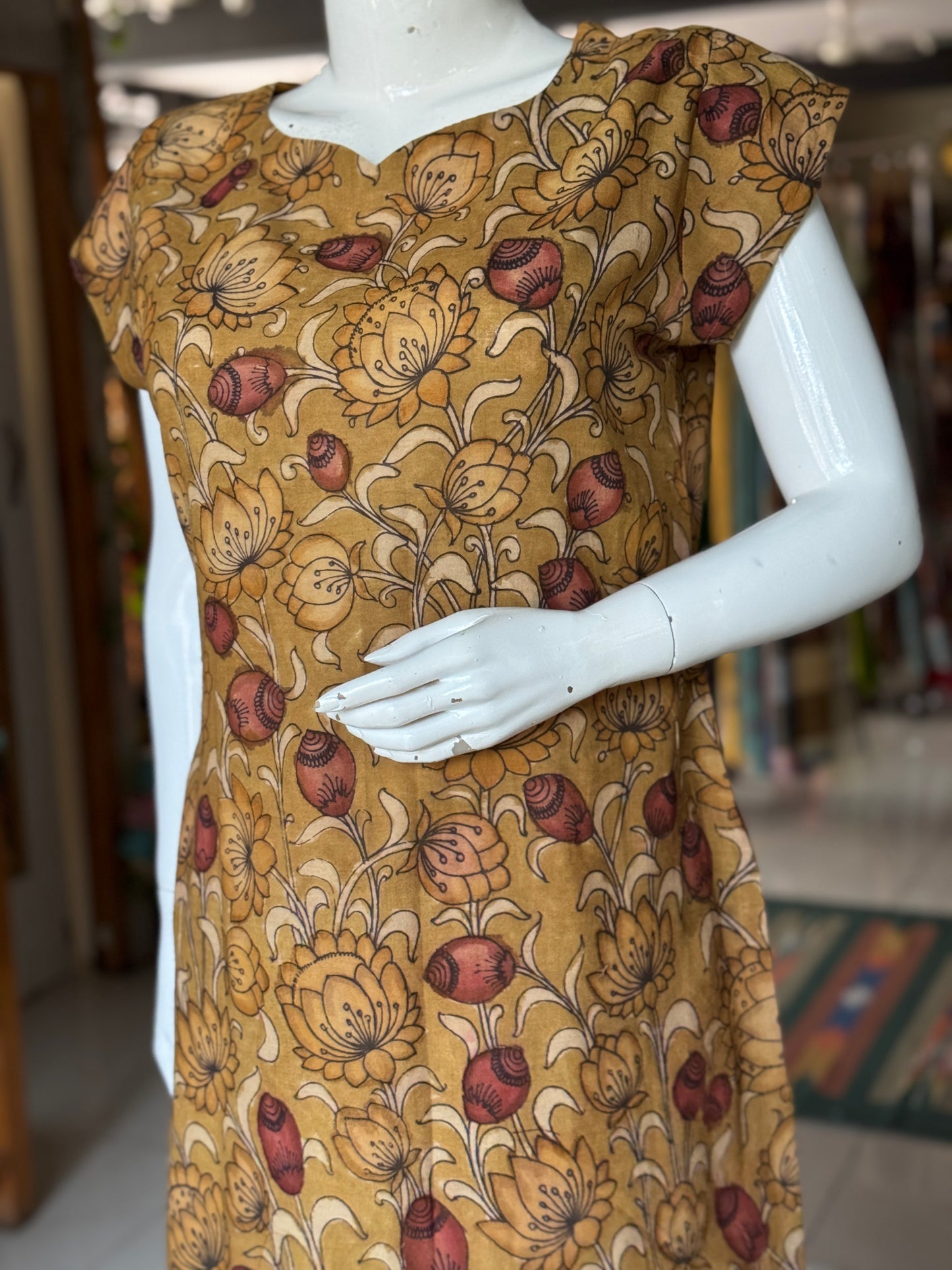 Green brown hand painted pen kalamkari floral design cotton kurti