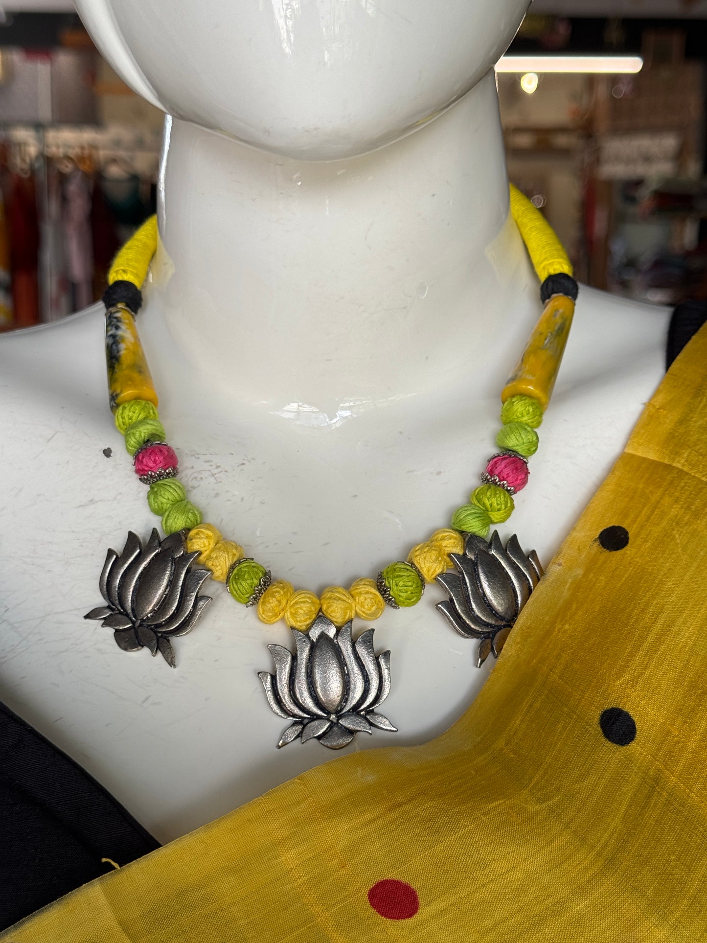 Neckpiece with 3 Lotus pendants and earrings set
