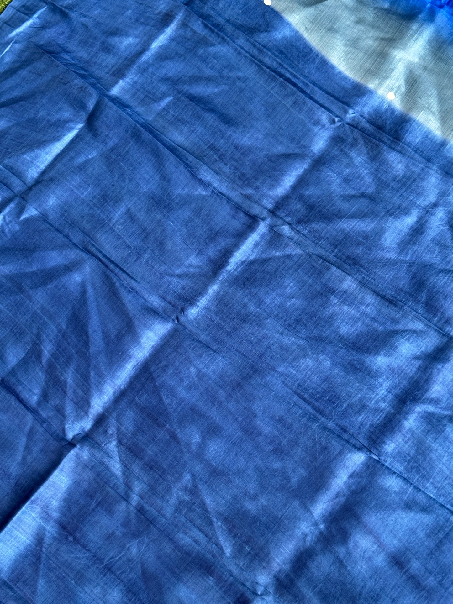 Shades of blue hand crafted pure tussar silk saree - colorful dots