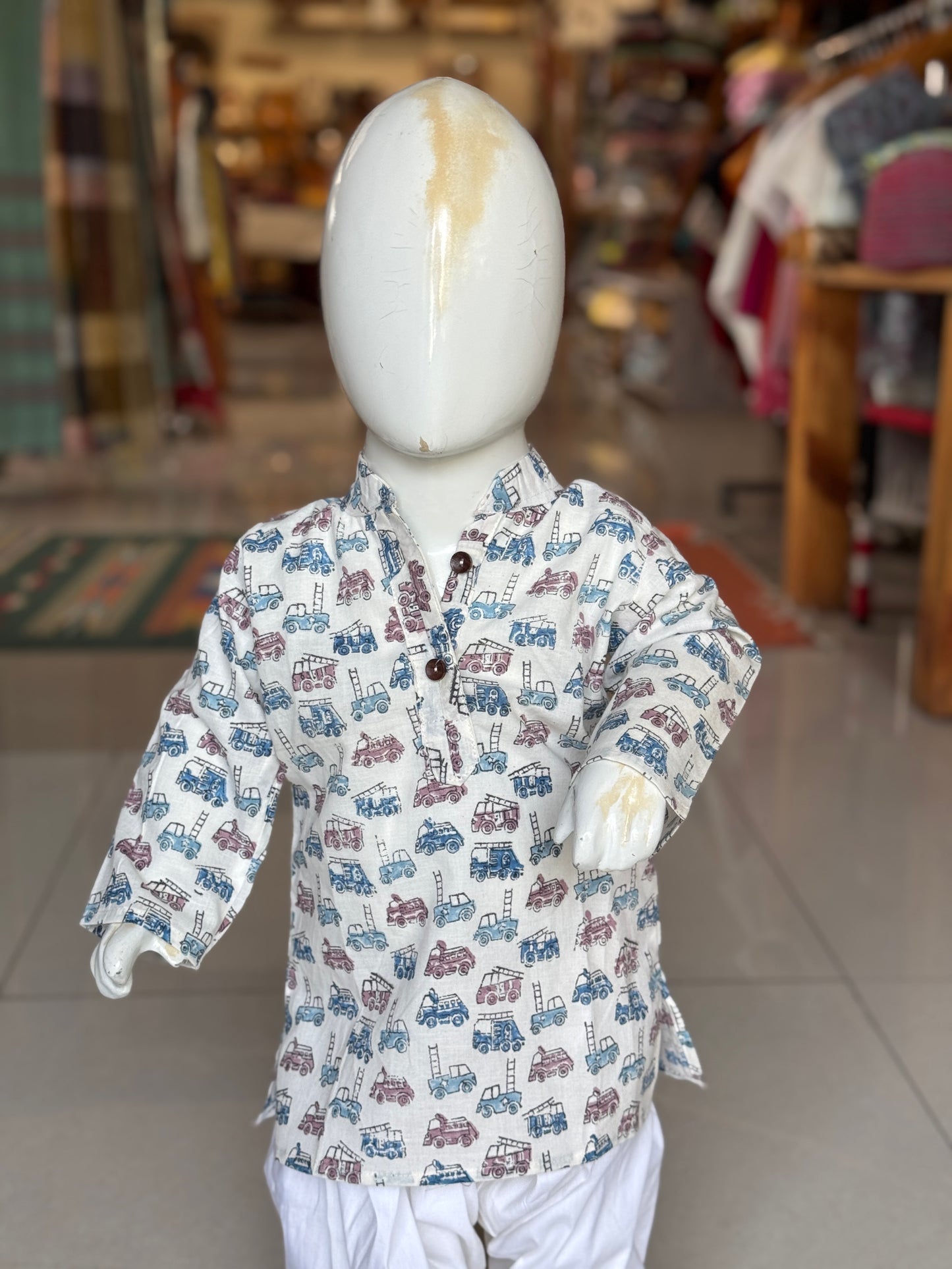 Vehicles theme white hand block printed long cotton kurta for boys