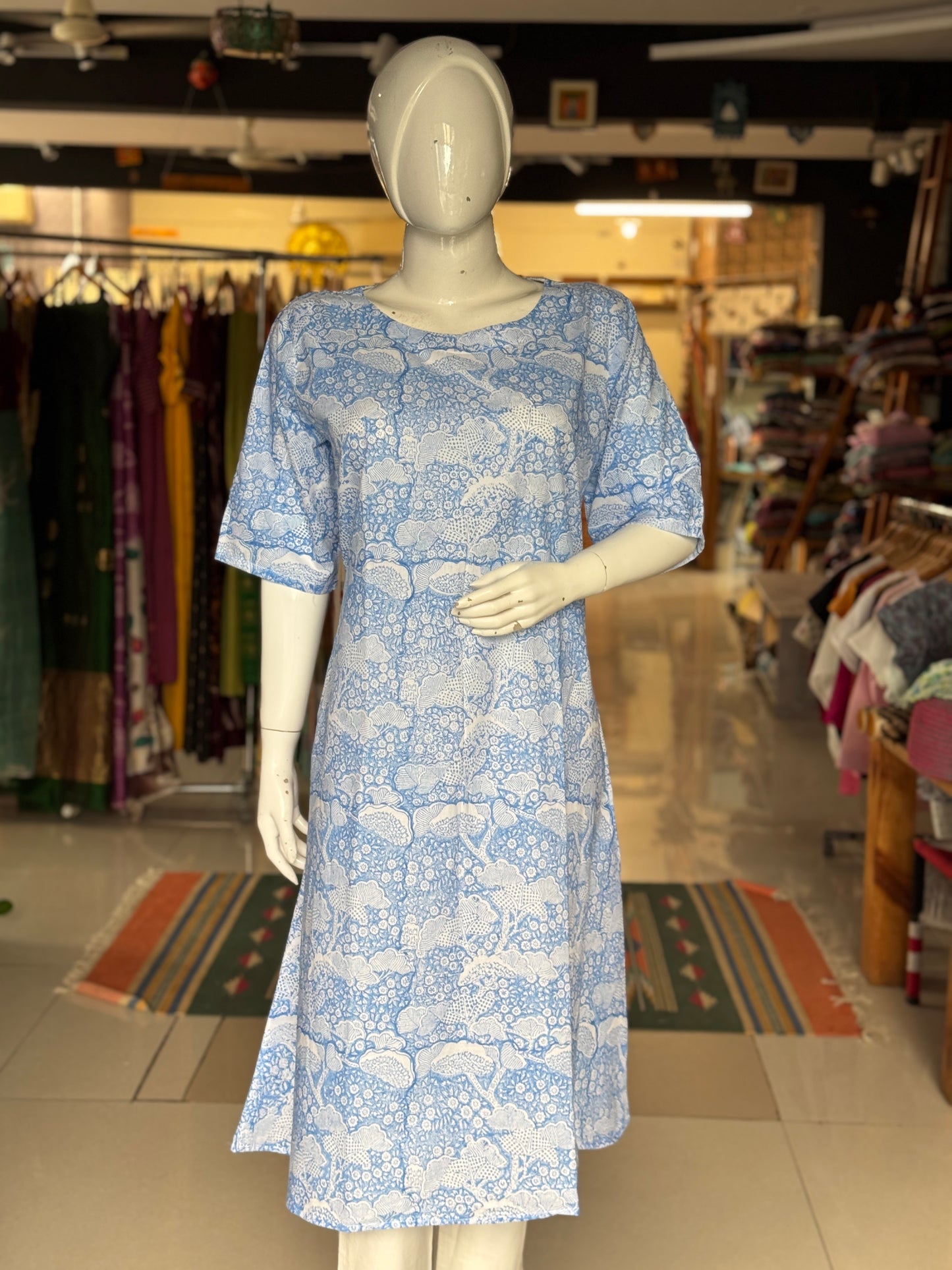 Blue A-line hand block printed cotton kurti