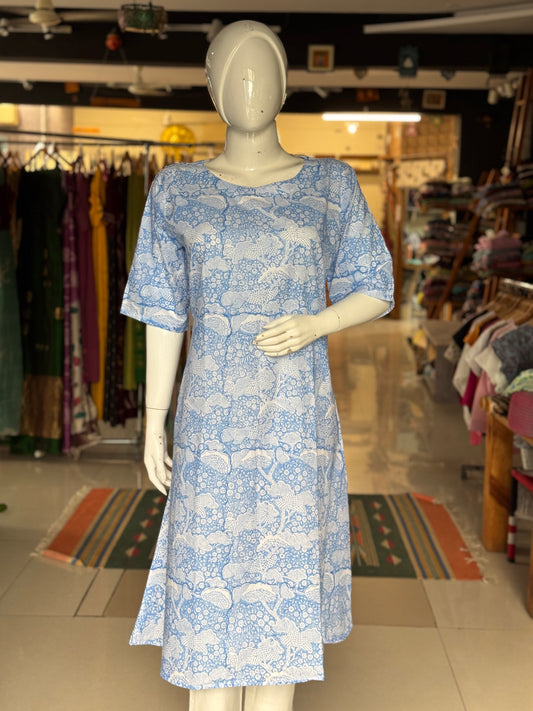 Blue A-line hand block printed cotton kurti