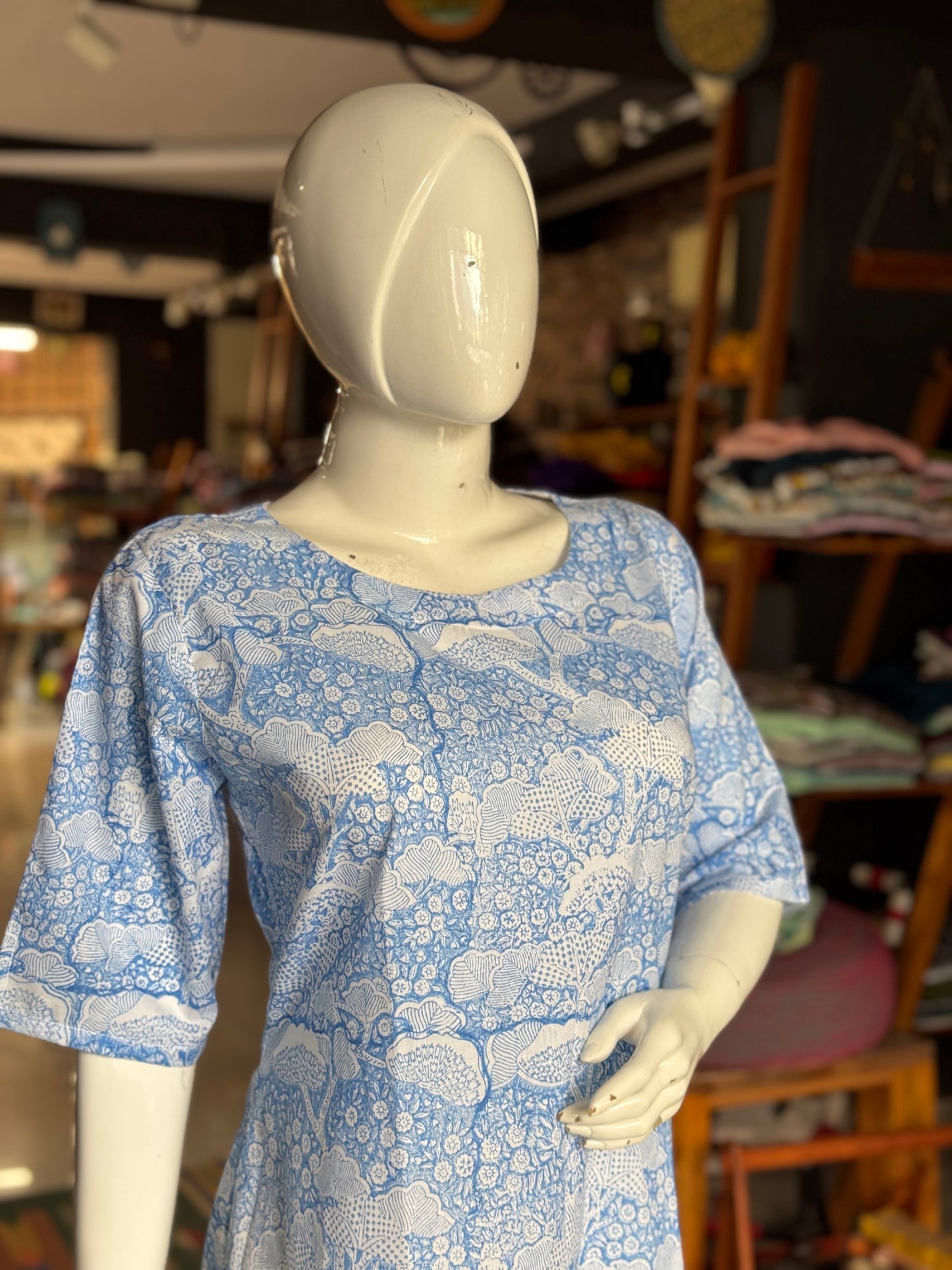 Blue A-line hand block printed cotton kurti