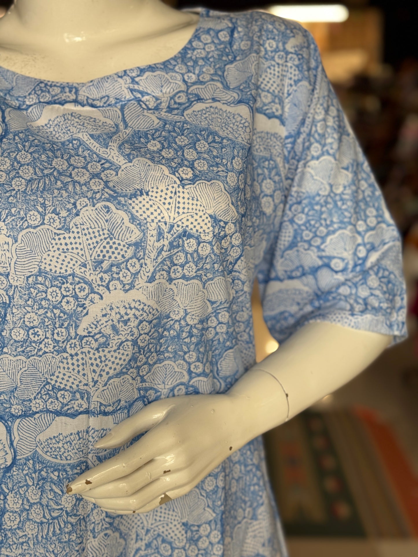 Blue A-line hand block printed cotton kurti