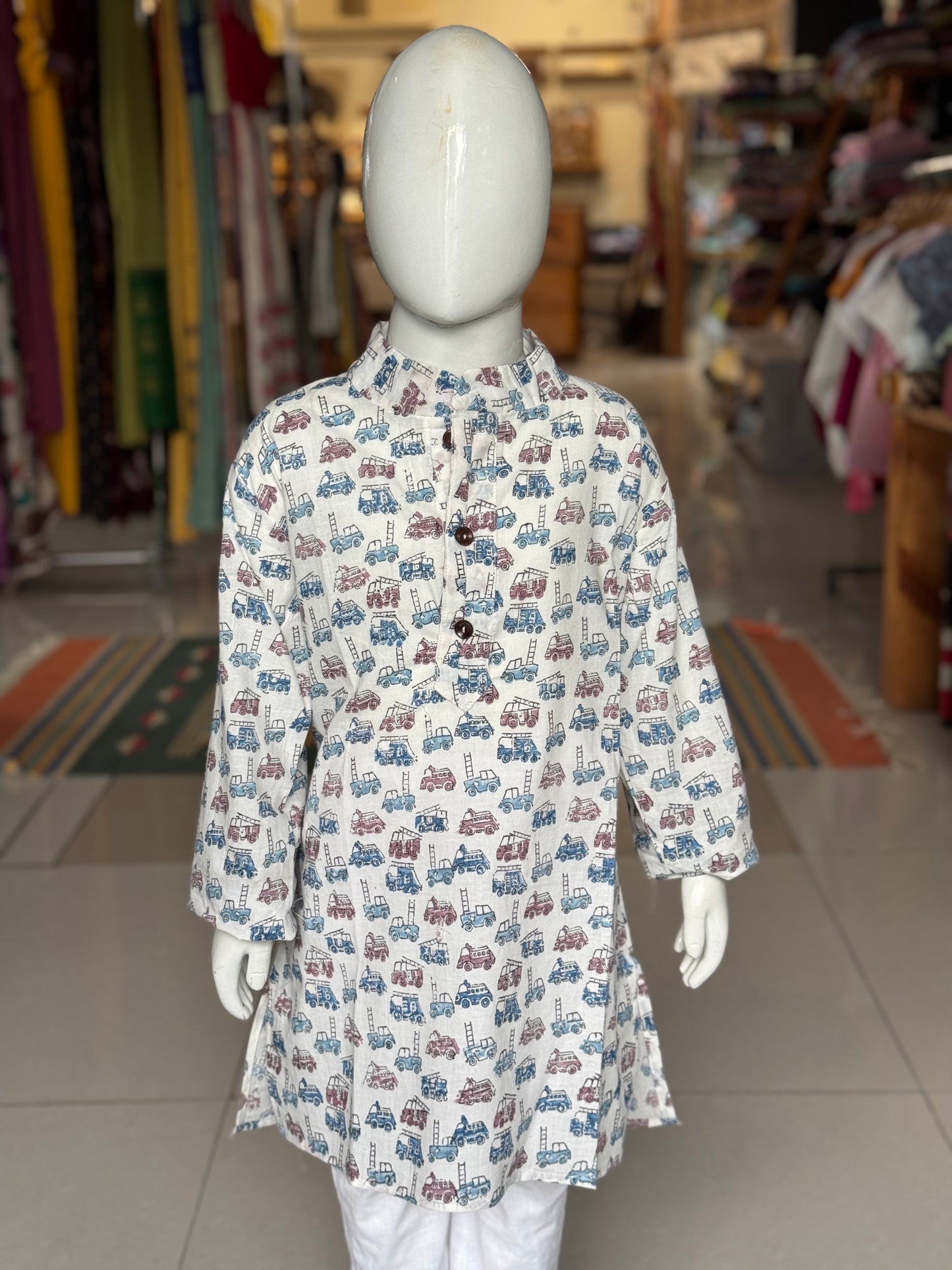 Vehicles theme white hand block printed long cotton kurta for boys