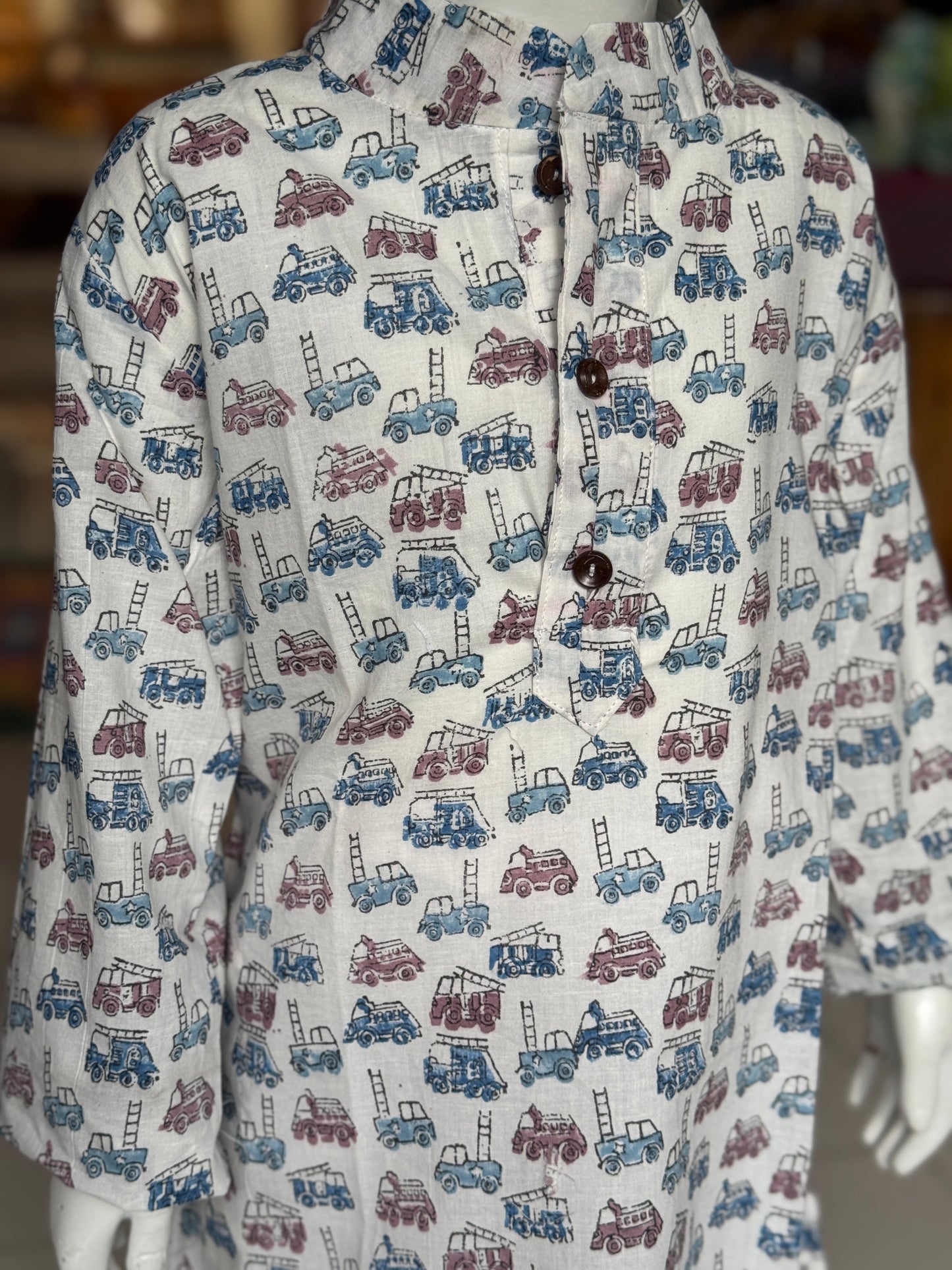 Vehicles theme white hand block printed long cotton kurta for boys