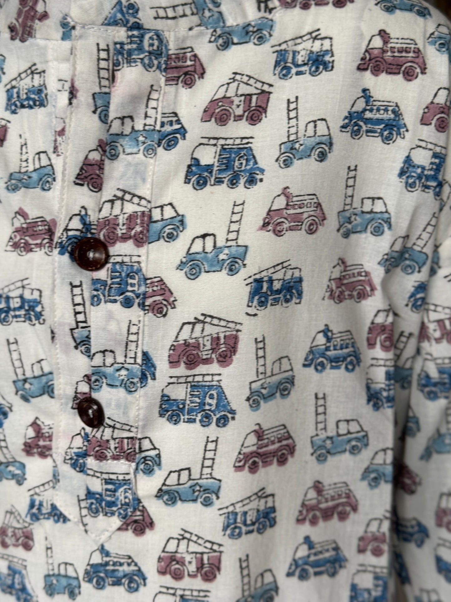 Vehicles theme white hand block printed long cotton kurta for boys