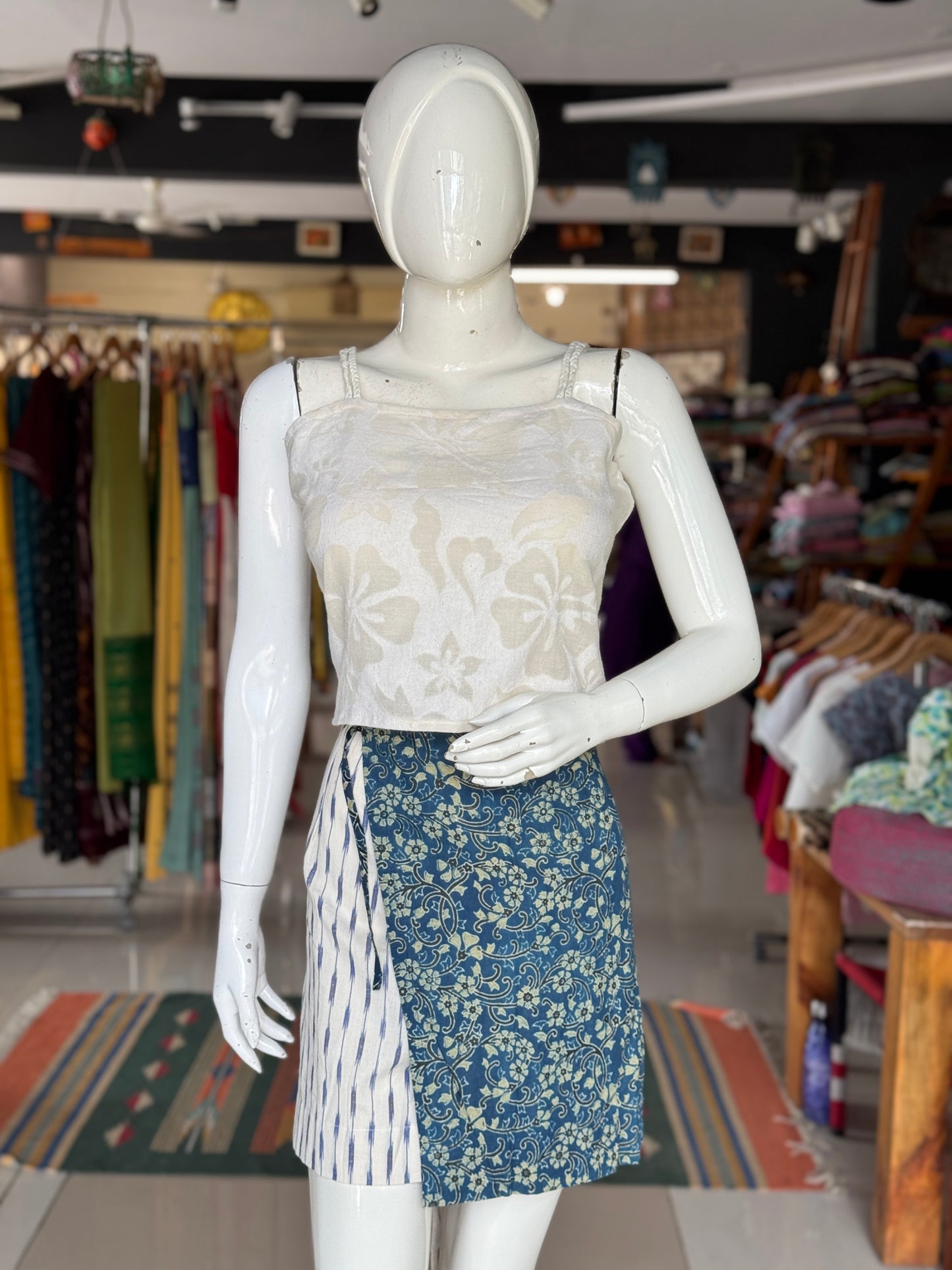 Indigo Ajrakh and off white Ikat short cotton wrap skirt with hand embroidery