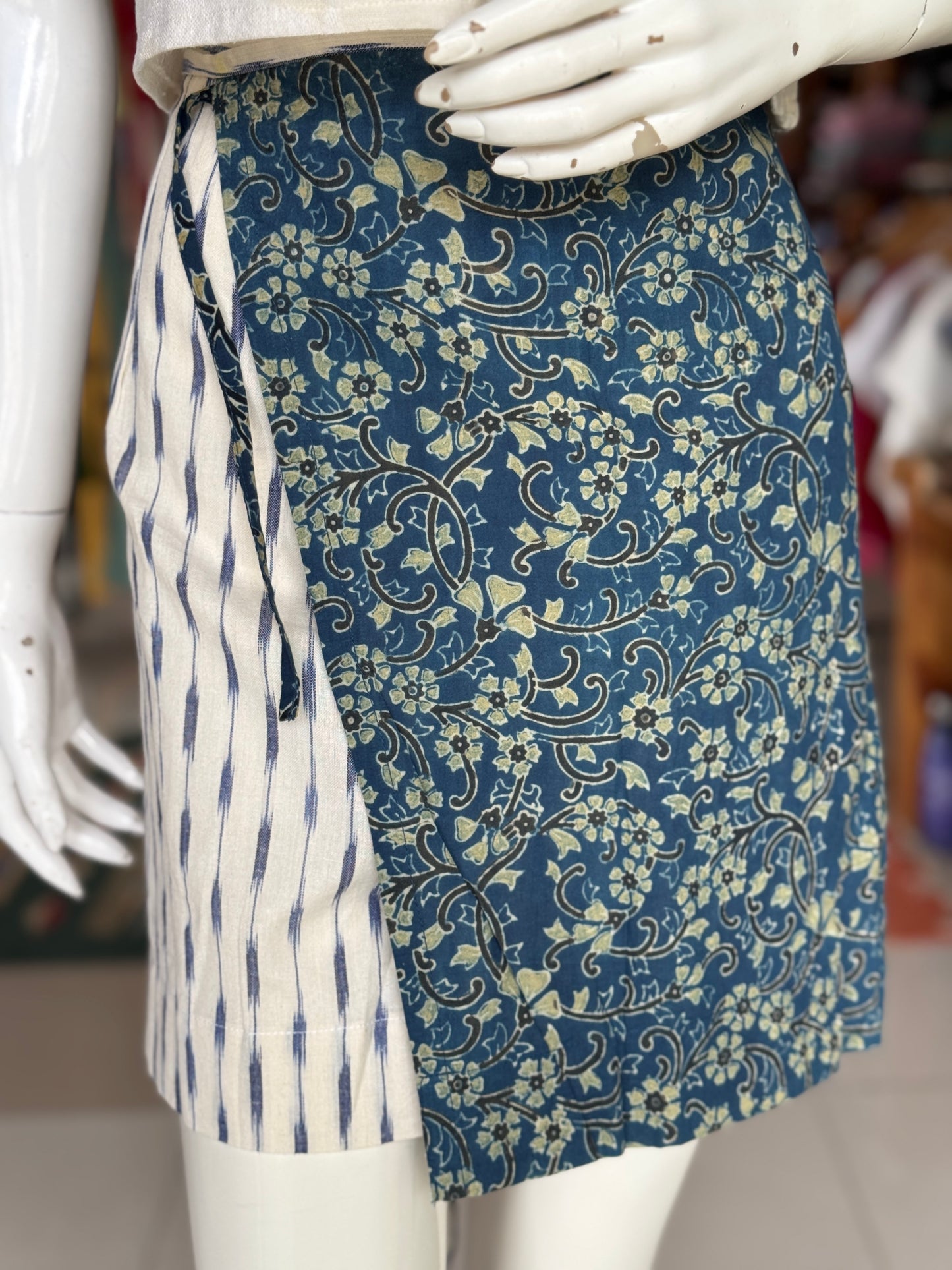 Indigo Ajrakh and off white Ikat short cotton wrap skirt with hand embroidery