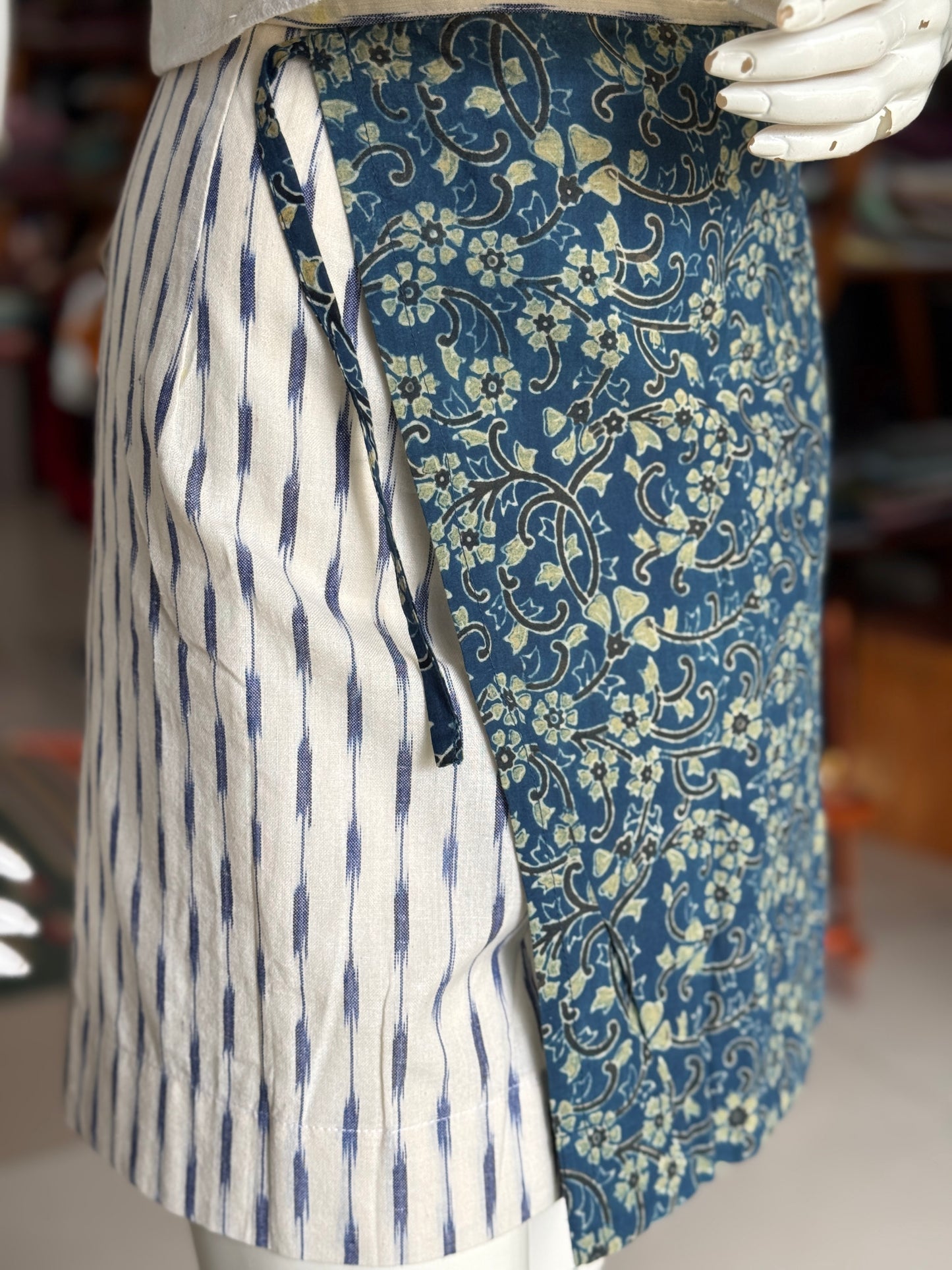Indigo Ajrakh and off white Ikat short cotton wrap skirt with hand embroidery