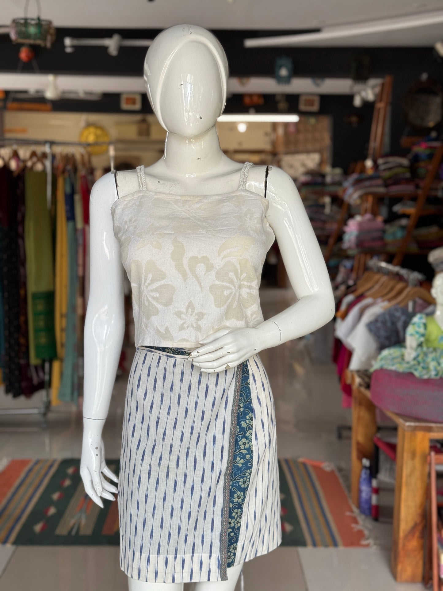 Indigo Ajrakh and off white Ikat short cotton wrap skirt with hand embroidery