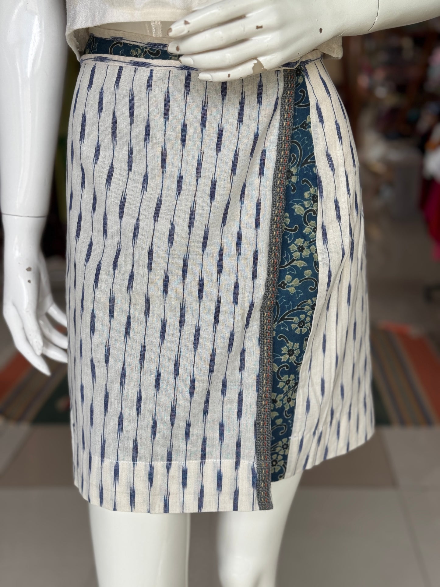 Indigo Ajrakh and off white Ikat short cotton wrap skirt with hand embroidery