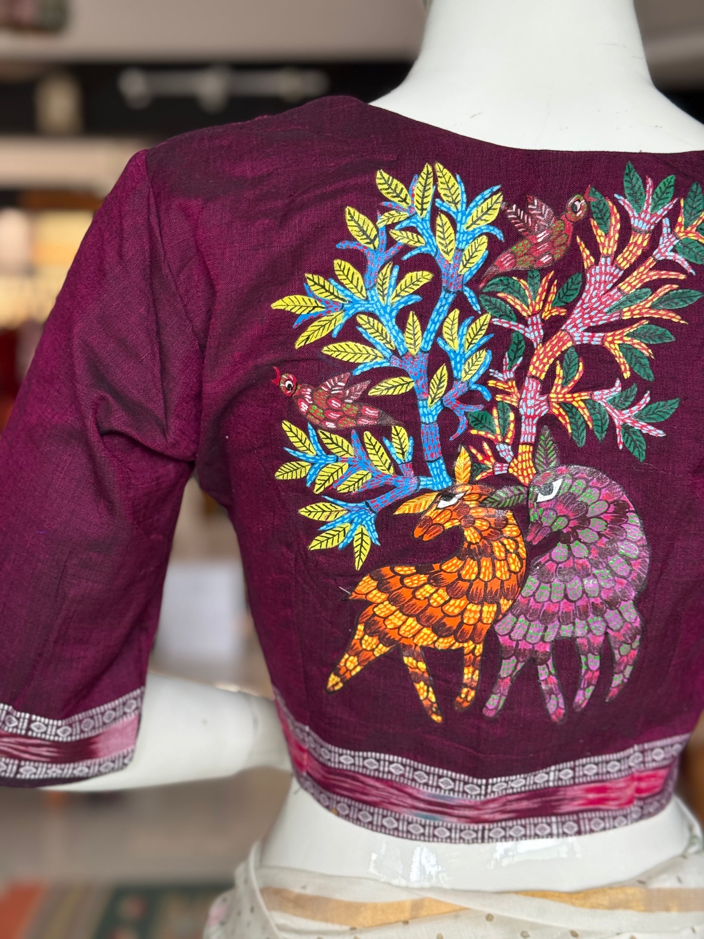 Handloom cotton elbow sleeves with borders blouse - Handpainted / Hand embroidered