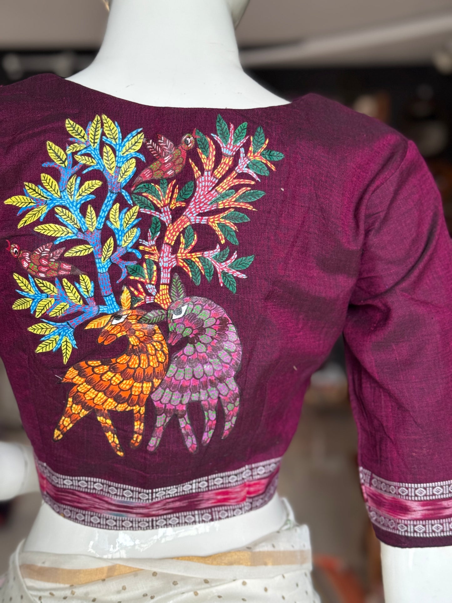 Handloom cotton elbow sleeves with borders blouse - Handpainted / Hand embroidered