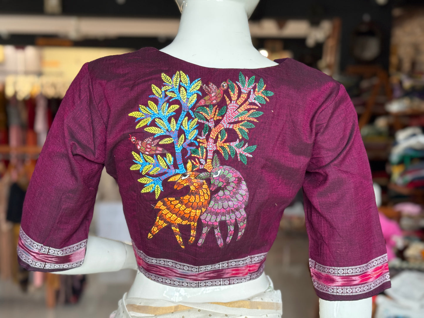 Handloom cotton elbow sleeves with borders blouse - Handpainted / Hand embroidered