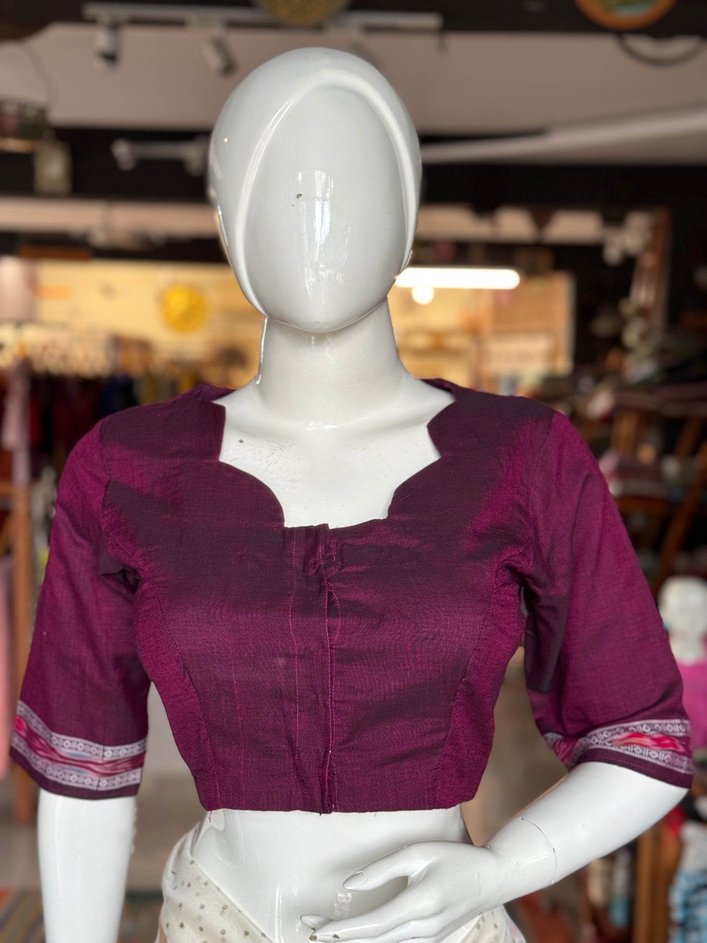 Handloom cotton elbow sleeves with borders blouse - Handpainted / Hand embroidered