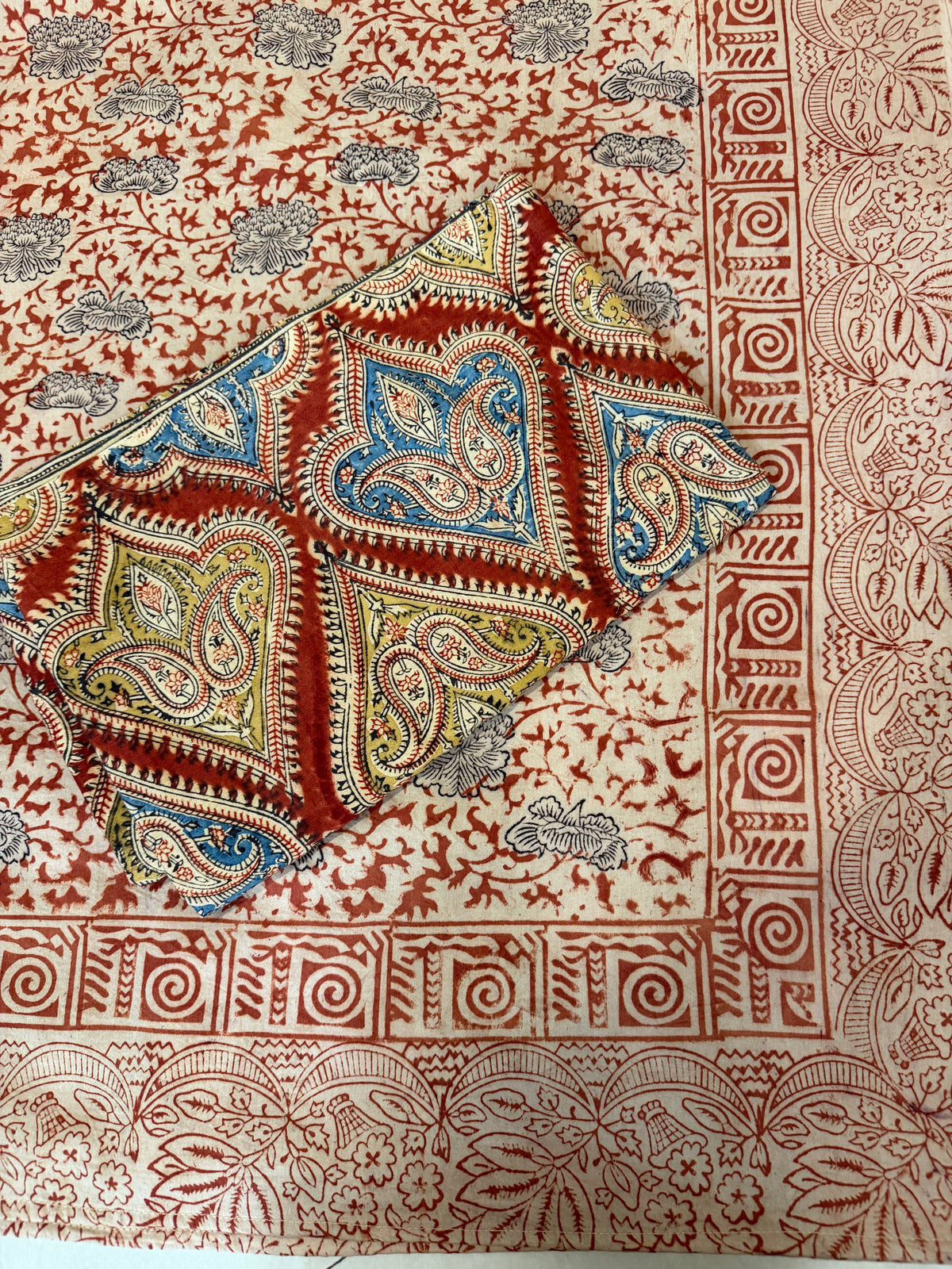 Maroon and black floral design Kalamkari hand block printed smooth satin cotton king size bedsheet + 2 pillow covers