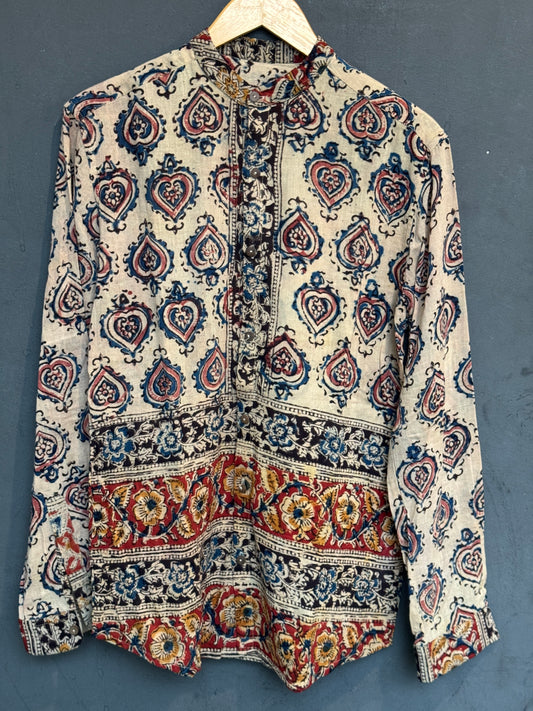 Kalamkari block printed cotton full sleeves band collared shirt / short kurta for men