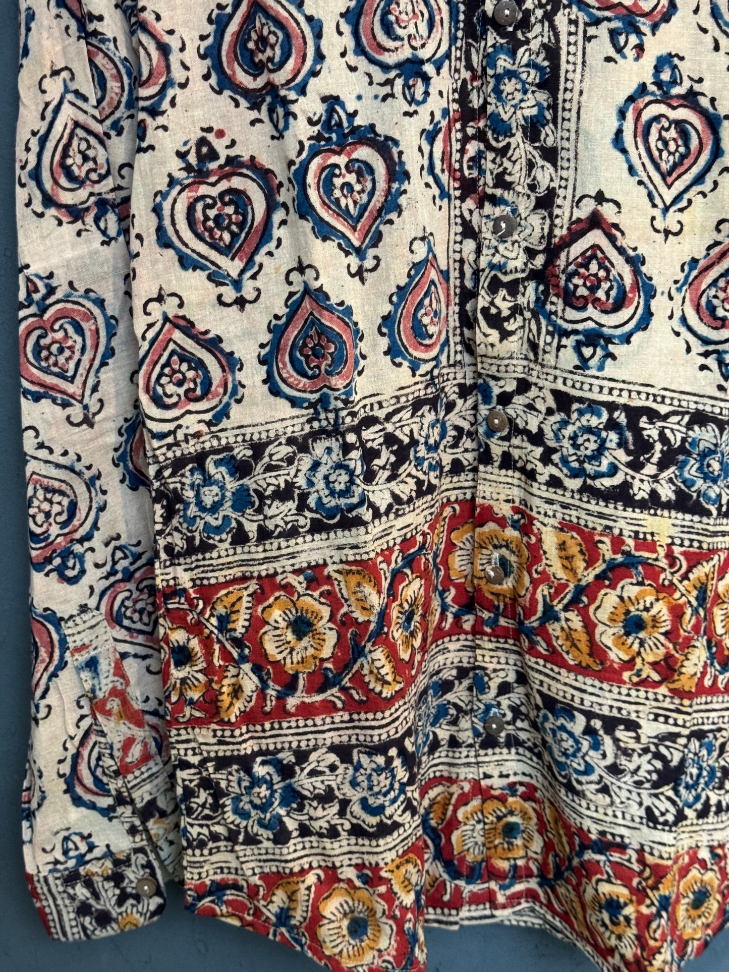 Kalamkari block printed cotton full sleeves band collared shirt / short kurta for men