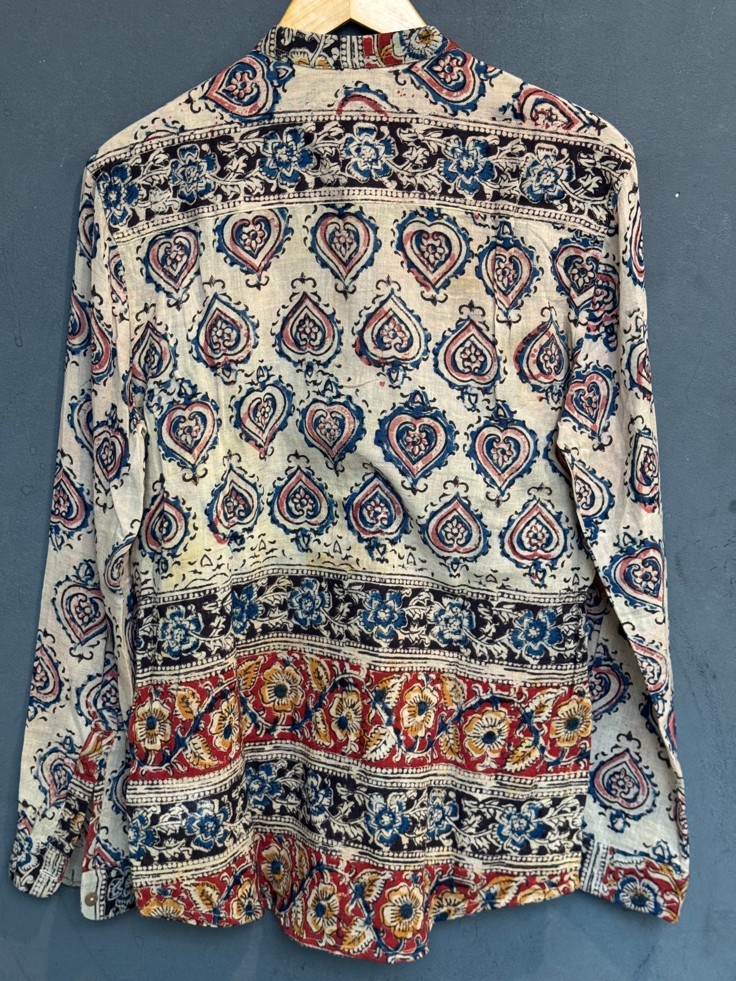 Kalamkari block printed cotton full sleeves band collared shirt / short kurta for men