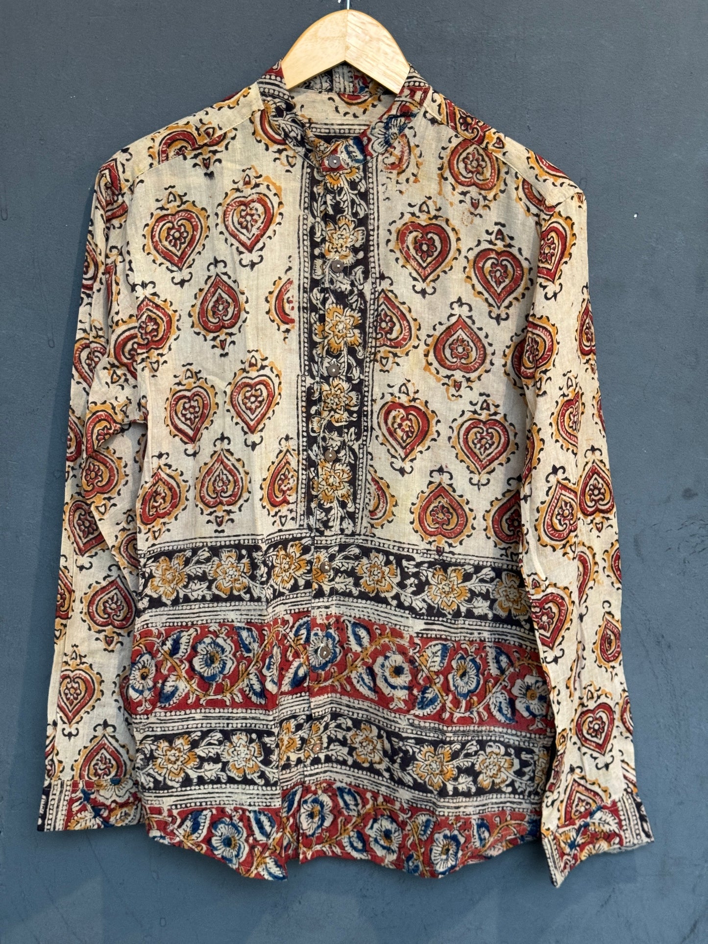 Kalamkari block printed cotton full sleeves band collared shirt / short kurta for men