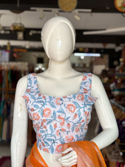 White with peach flowers and blue leaves hand block printed back open cotton sleeveless blouse