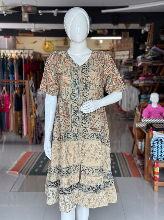Kalamkari placement hand block printed cotton dress with borders