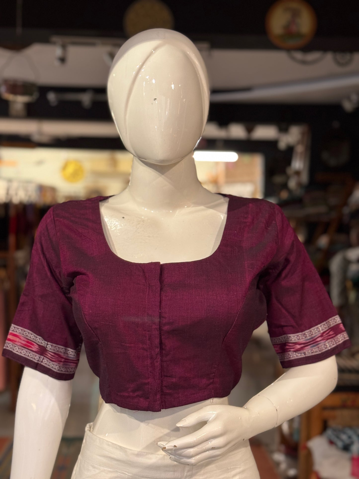 Handloom cotton elbow sleeves with borders blouse - Handpainted / Hand embroidered