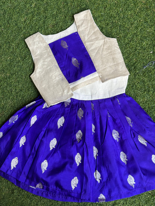 Royal blue pure silk Venkatagiri handloom lehenga (pattu langa) with handwoven silver tissue blouse