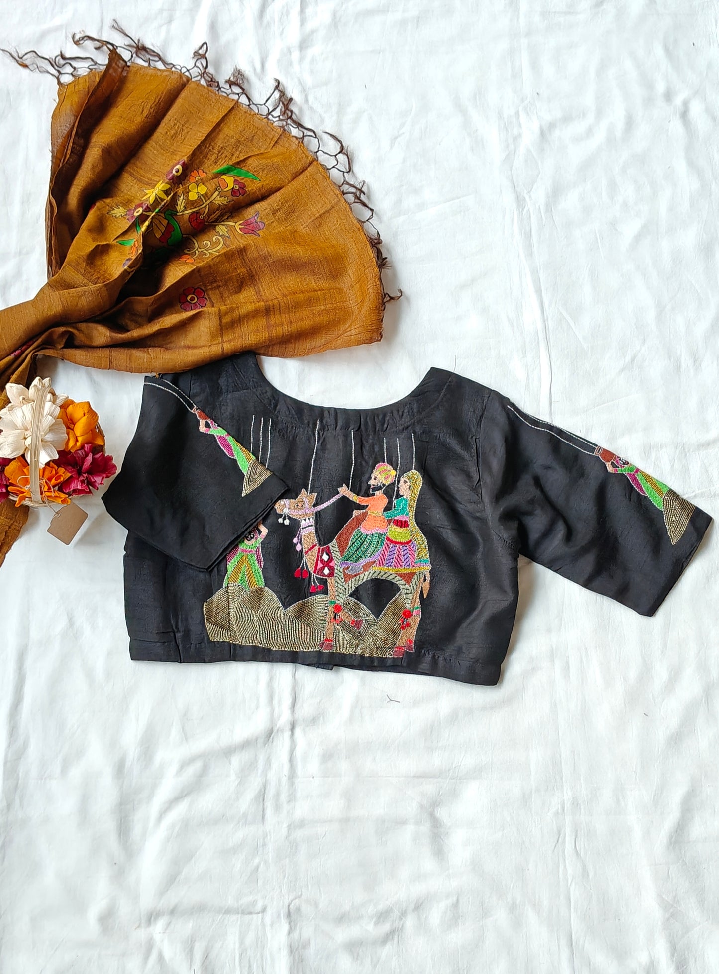 Black camel safari couple - Kantha hand embroidered silk blouse