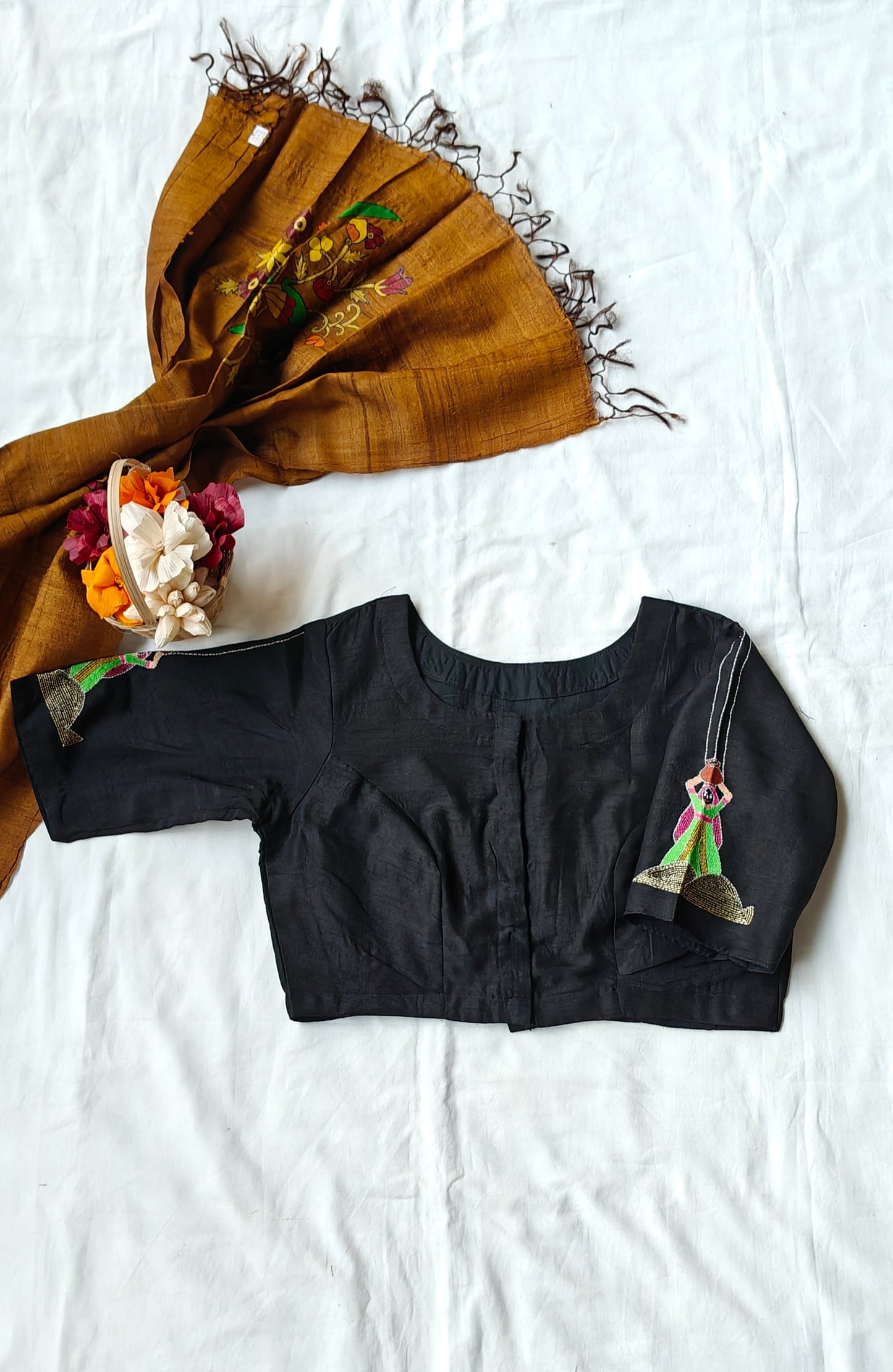 Black camel safari couple - Kantha hand embroidered silk blouse