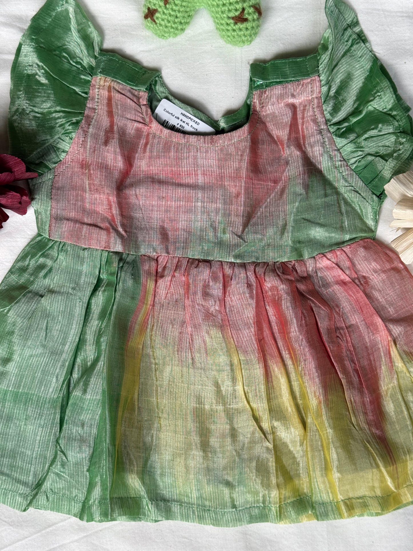 Colorful silk ikat hand woven frock for baby girl