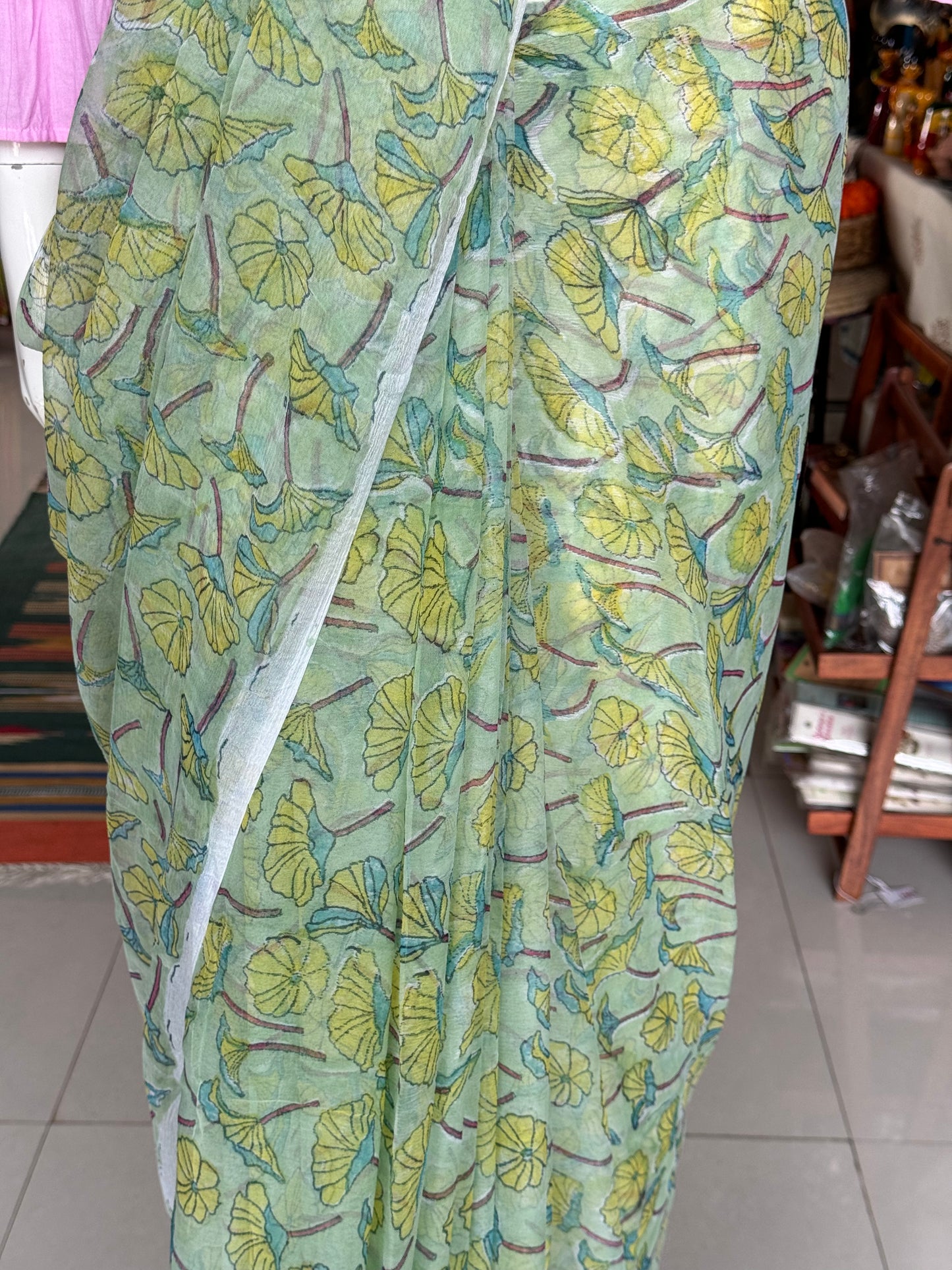 Green floral hand block printed light and soft chiffon fabric